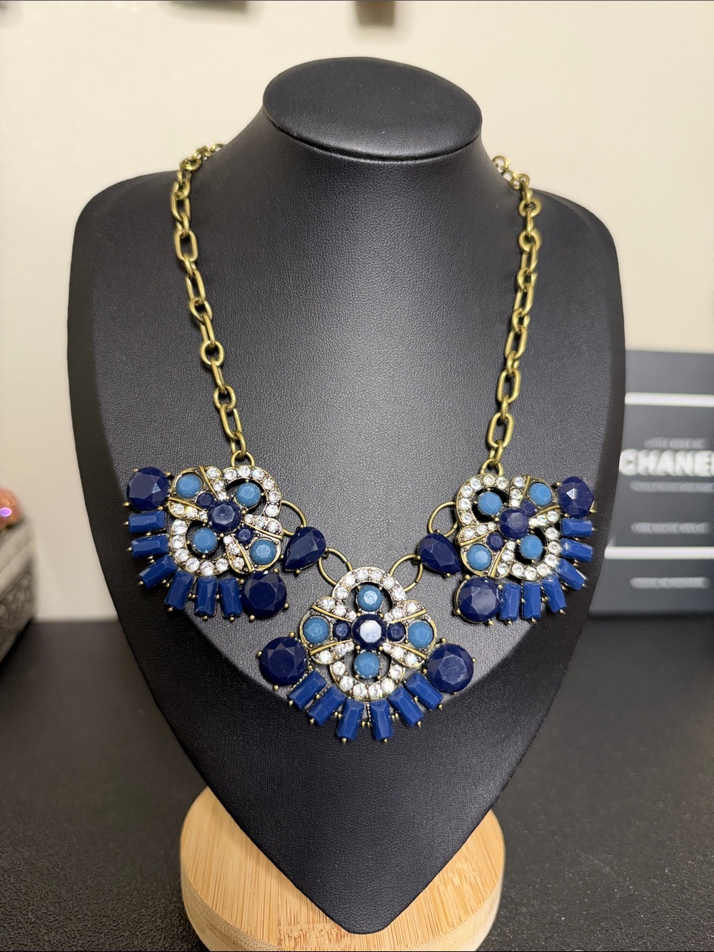 Gold Chain Navy Blue Statement Necklace with Crystal Accents